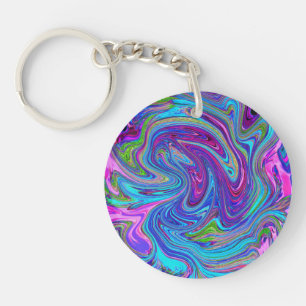 Blue, Pink and Purple Groovy Abstract Retro Art Key Ring