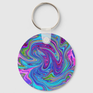 Blue, Pink and Purple Groovy Abstract Retro Art Key Ring
