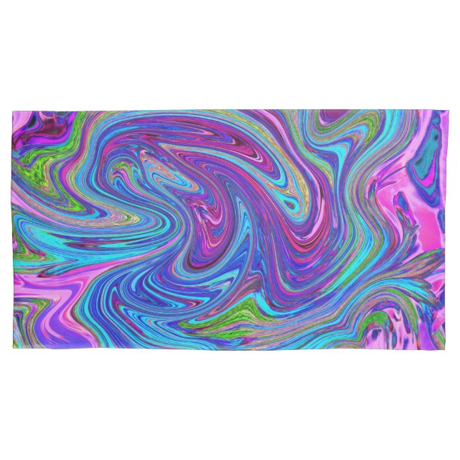 Blue, Pink and Purple Groovy Abstract Retro Art Pillowcase (Front-Left)