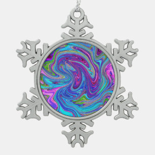 Blue, Pink and Purple Groovy Abstract Retro Art Snowflake Pewter Christmas Ornament