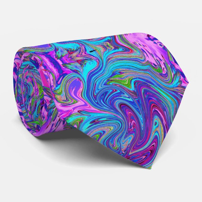 Blue, Pink and Purple Groovy Abstract Retro Art Tie (Rolled)