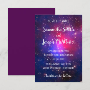 Blue Pink and Purple Space Image Save the Date Invitation
