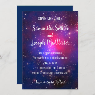 Blue Pink and Purple Space Image Save the Date Invitation