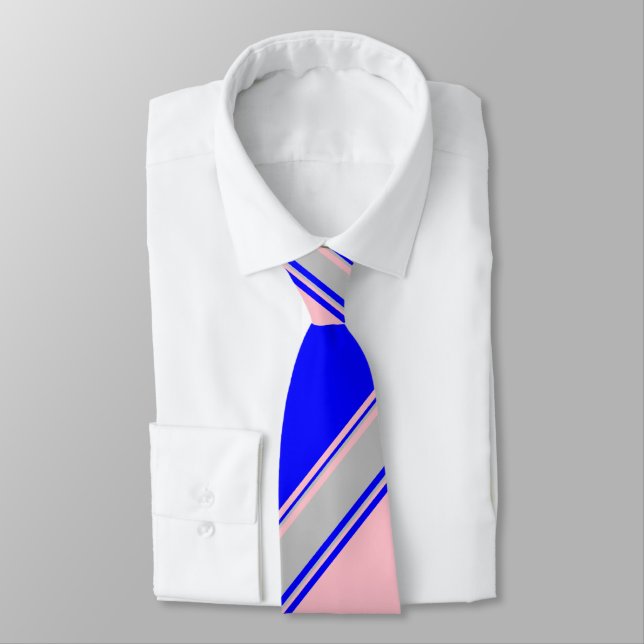 Blue Pink and Silver Alternating Striped Tie (Tied)