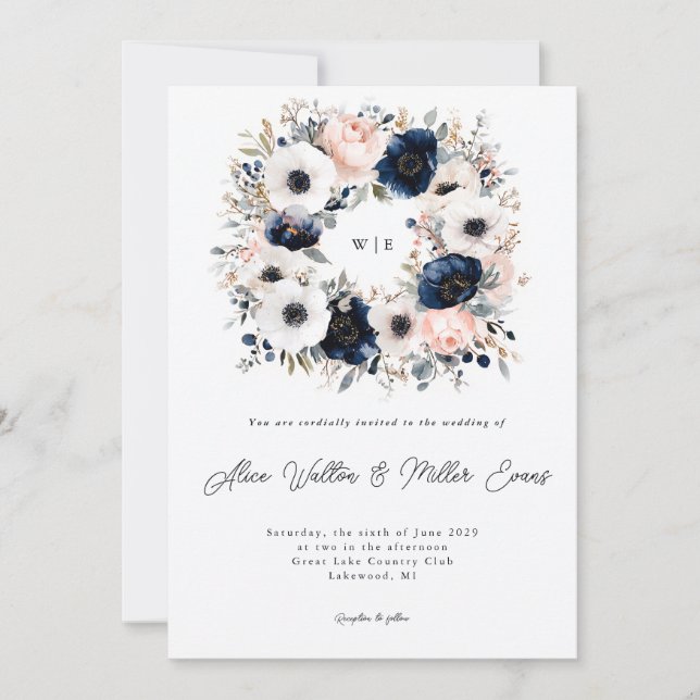 Blue, Pink and White Anemone Wreath Wedding Invitation (Front)