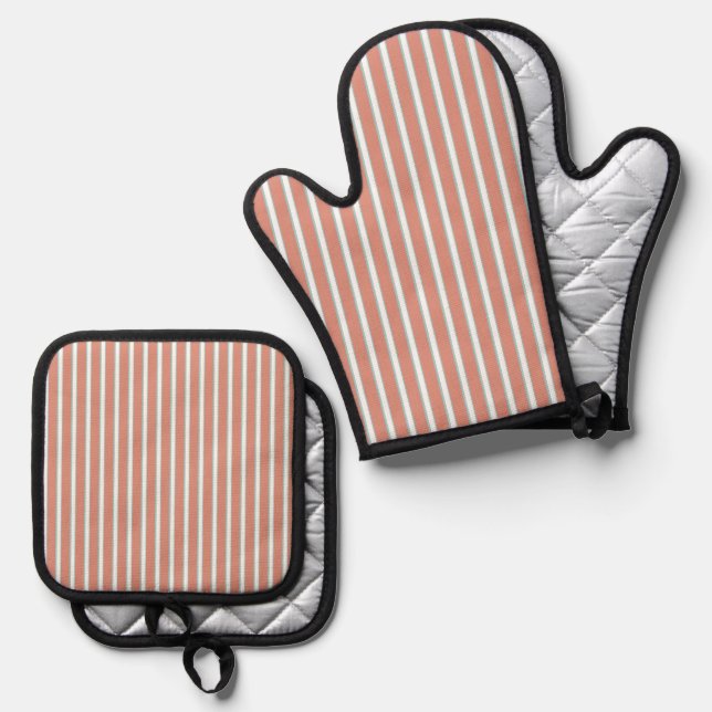 Blue, pink and white stripes pattern oven mitt & pot holder set (Front/Back)