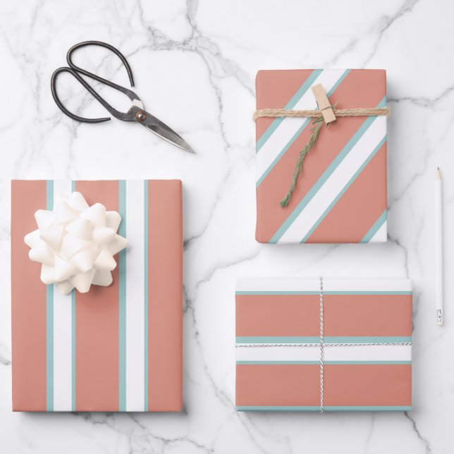 Blue, pink and white stripes pattern wrapping paper sheet (Front)