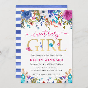 Blue, Pink and White Summer Flowers Baby Shower Invitation
