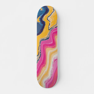 Blue Pink and Yellow Paint Wave Abstract Art Skateboard