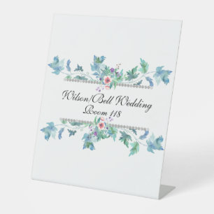 Blue Pink Anemones Diamond Bling Wedding  Pedestal Sign