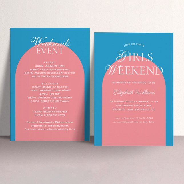 Blue Pink Arch Girls Weekend Bachelorette Party Invitation (Creator Uploaded)