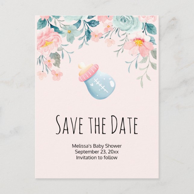Blue & Pink Baby Bottle Baby Shower Save the Date Invitation Postcard (Front)