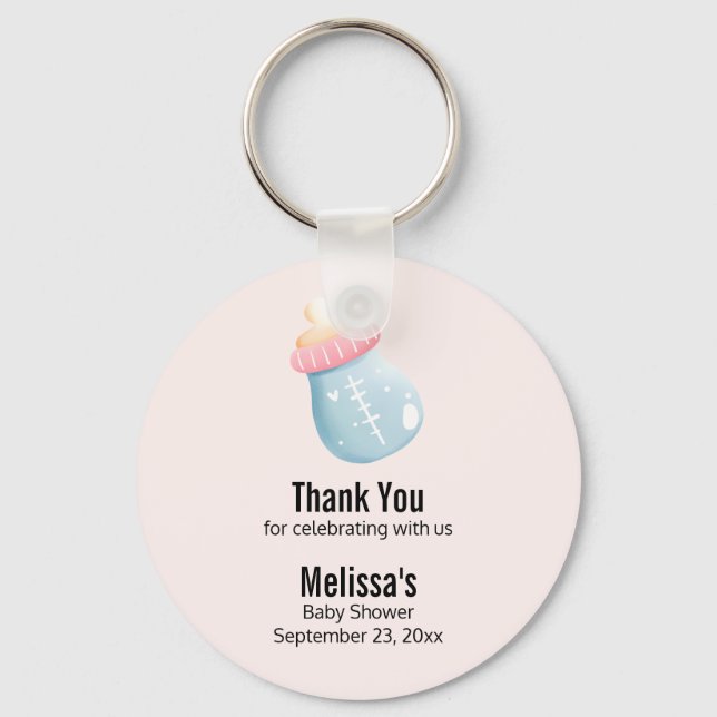 Blue & Pink Baby Bottle Cute Baby Shower Thanks Key Ring (Front)
