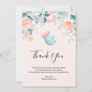 Blue & Pink Baby Bottle with Flower Border Thank You Card