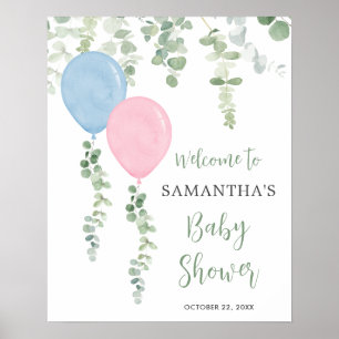 Blue pink balloons baby shower welcome sign