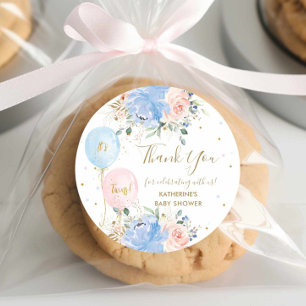 Blue Pink Balloons Floral Twins Baby Shower Classic Round Sticker