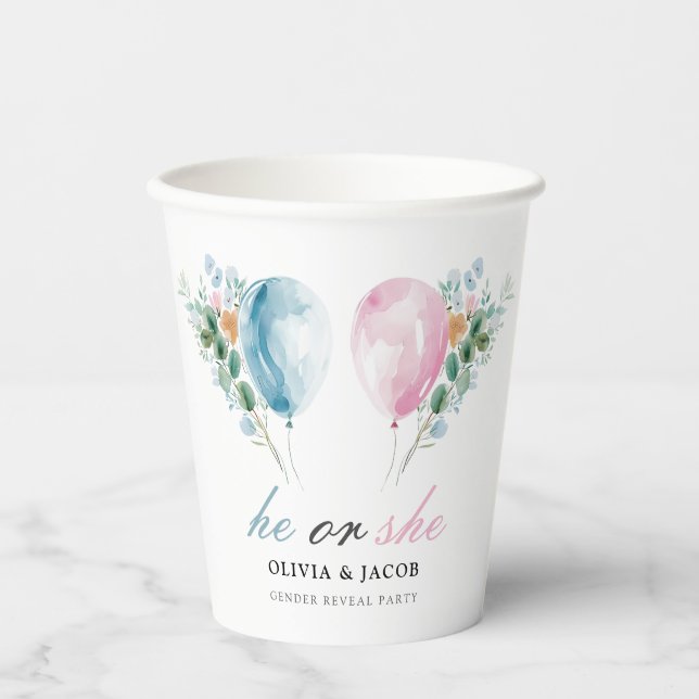 Blue Pink Balloons Gender Reveal Party Paper Cups (Front)