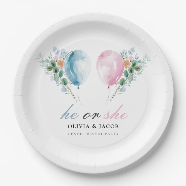 Blue Pink Balloons Gender Reveal Party Paper Plate (Front)