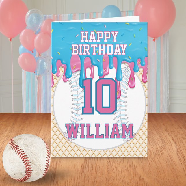 Blue Pink Baseball Drip Any Age Birthday Card (Pink Blue Baseball Drip Birthday Greeting Card
)