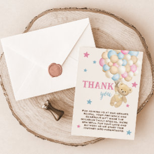 Blue Pink Bear & Balloons Modern Gender Reveal Thank You Card