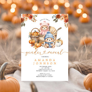 Blue & Pink Bears Stroller Pumpkin Gender Reveal Invitation