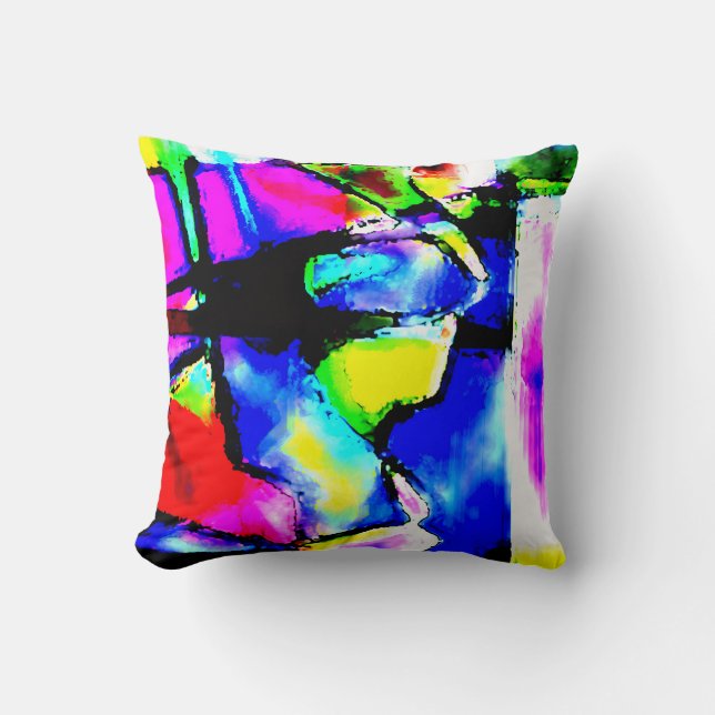 Blue Pink Black Yellow Green Abstract Art Motif Cushion (Front)