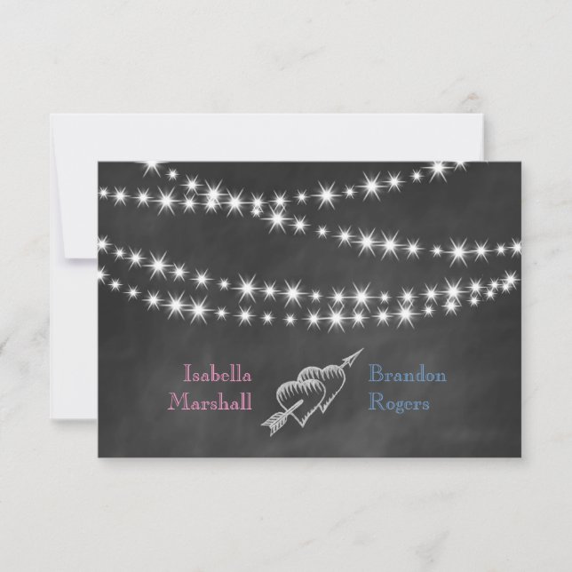 Blue & Pink Blackboard Twinkle Lights RSVP. RSVP Card (Front)
