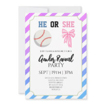 Blue Pink Bow Stripes Baseball Gender Reveal Party