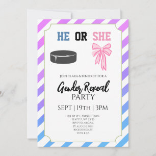 Blue Pink Bow Stripes Hockey Gender Reveal Party Invitation