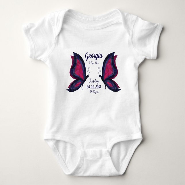 Blue/pink butterfly modern new baby birth stats bodysuit (Front)