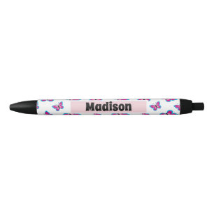 Blue Pink Butterfly Pattern   Add Your Name Black Ink Pen