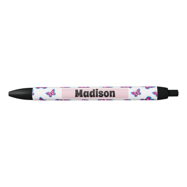Blue Pink Butterfly Pattern | Add Your Name Black Ink Pen (Front)