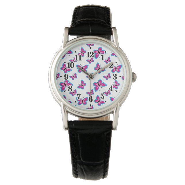 Blue Pink Butterfly Pattern Watch (Front)