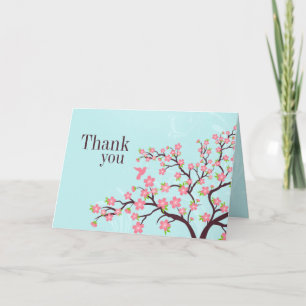 Blue pink cherry blossom wedding thank you card
