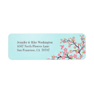 Blue pink cherry blossoms wedding address label return address label