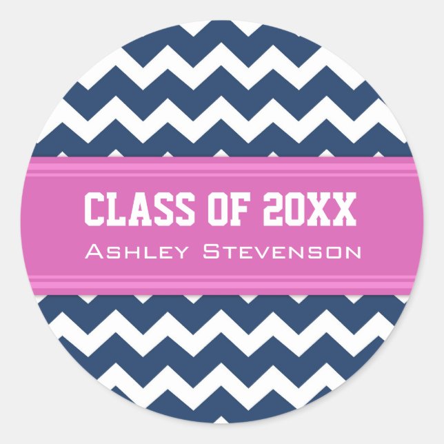 Blue Pink Chevrons Graduation Custom Name Classic Round Sticker (Front)