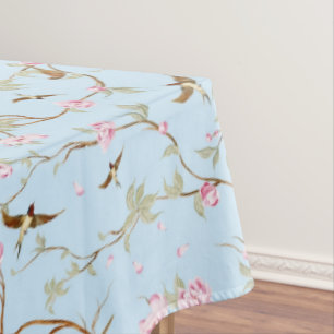 Blue & Pink Chinoiserie Botanical Birds & Flower Tablecloth