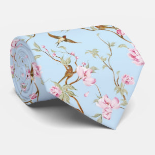 Blue & Pink Chinoiserie Botanical Birds & Flower Tie