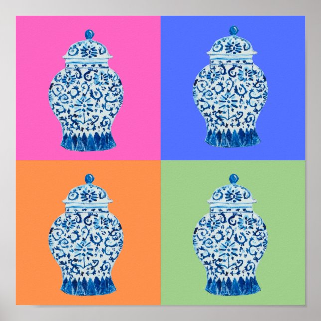 Blue Pink Chinoiserie Ginger jar jars art print  (Front)