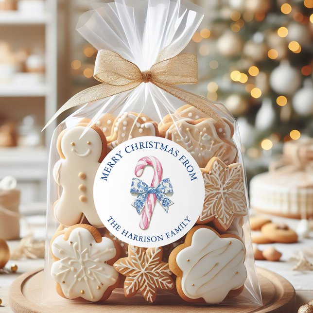 Blue Pink Chinoiserie Toile Candy Cane Christmas Classic Round Sticker (Creator Uploaded)