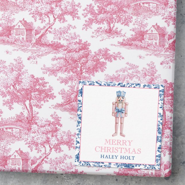 Blue & Pink Chinoiserie Toile Christmas Nutcracker Card (Photo of a pink and blue chinoiserie christmas gift with a gift enclosure card.)