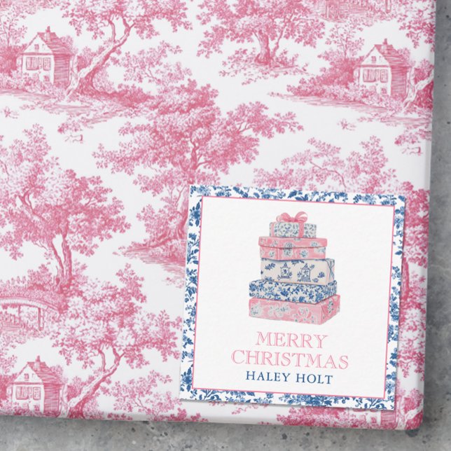 Blue & Pink Chinoiserie Toile Christmas Presents Card (Photo of a pink and blue chinoiserie christmas gift with a gift enclosure card.)