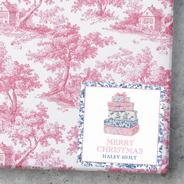 Blue & Pink Chinoiserie Toile Christmas Presents Square Sticker (Creator Uploaded)