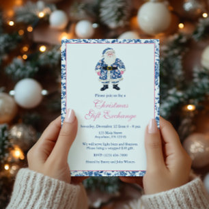 Blue & Pink Chinoiserie Toile Christmas Santa Invitation