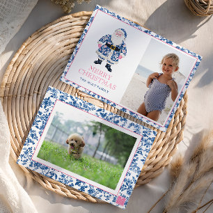 Blue Pink Chinoiserie Toile Christmas Santa Photo Holiday Card