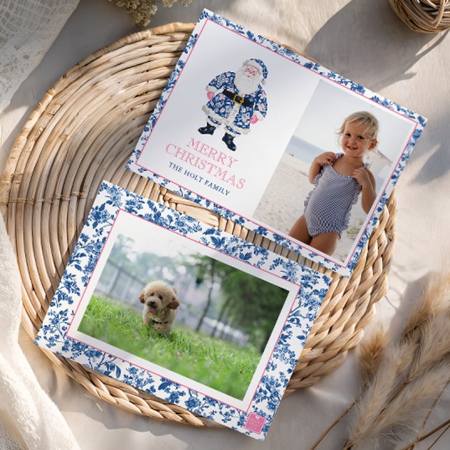 Blue Pink Chinoiserie Toile Christmas Santa Photo Holiday Card (Creator Uploaded)