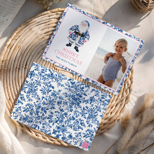 Blue Pink Chinoiserie Toile Christmas Santa Photo Holiday Card