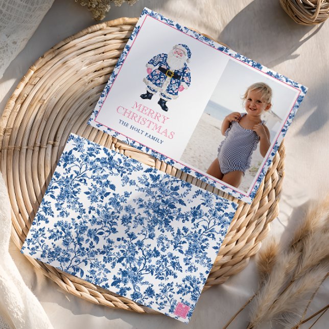 Blue Pink Chinoiserie Toile Christmas Santa Photo Holiday Card (Creator Uploaded)
