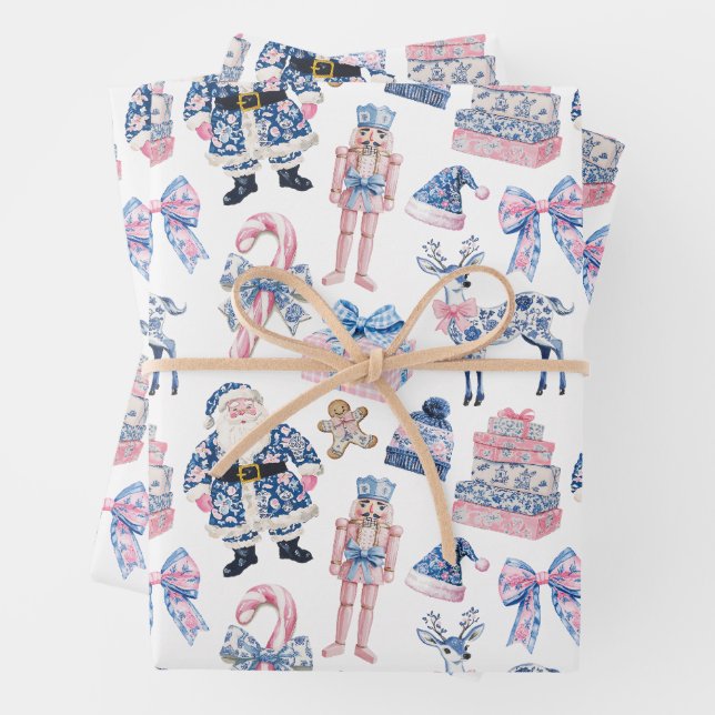 Blue & Pink Chinoiserie Toile Christmas Wrapping Paper Sheet (In situ)