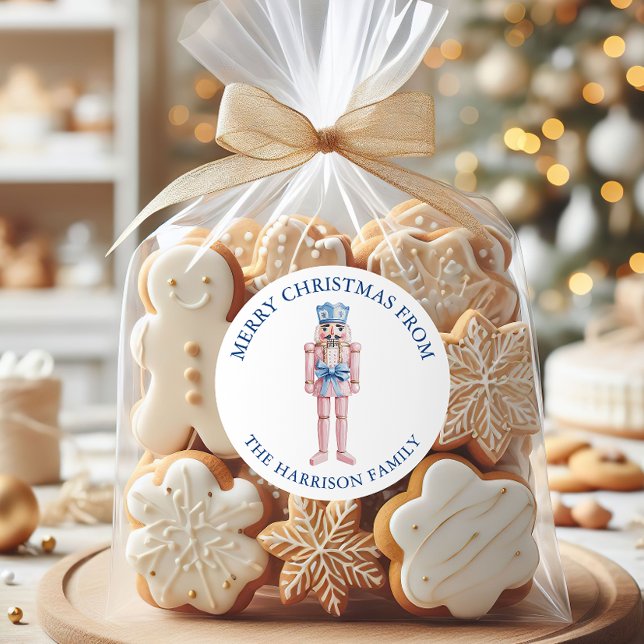 Blue Pink Chinoiserie Toile Nutcracker Christmas Classic Round Sticker (Creator Uploaded)